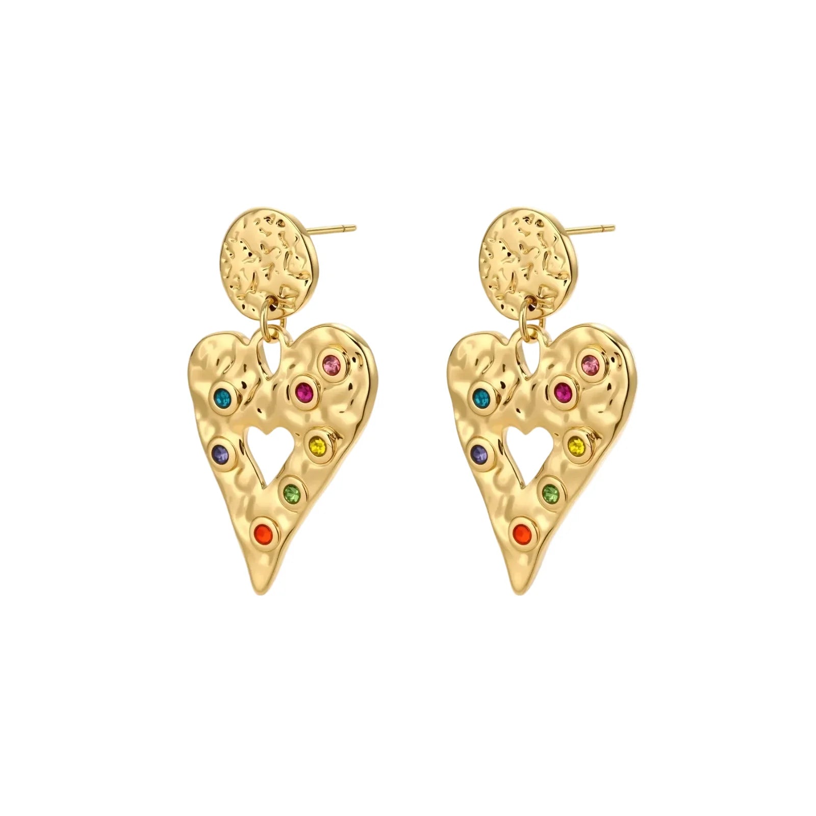 Gold hammered heart drop earrings with rainbow cubic zirconia stones and textured coin stud, 18K gold plated stainless steel.