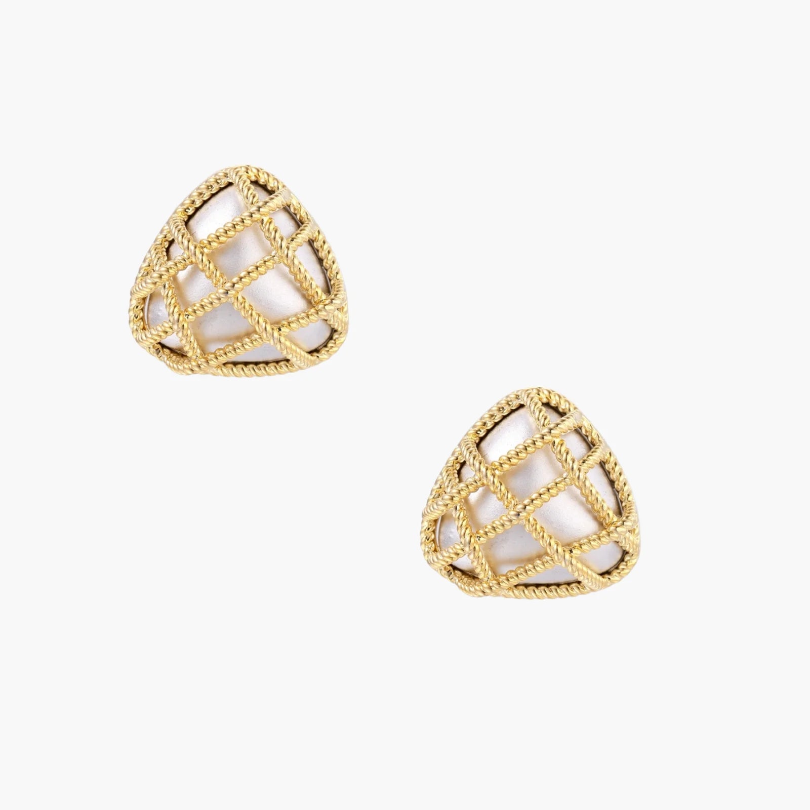 Pair of triangular gold-plated earrings with rope-textured lattice pattern on cream background, dimensional stud design