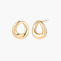 Pair of polished 18K gold-plated stainless steel teardrop earrings with hollow centers on cream background
