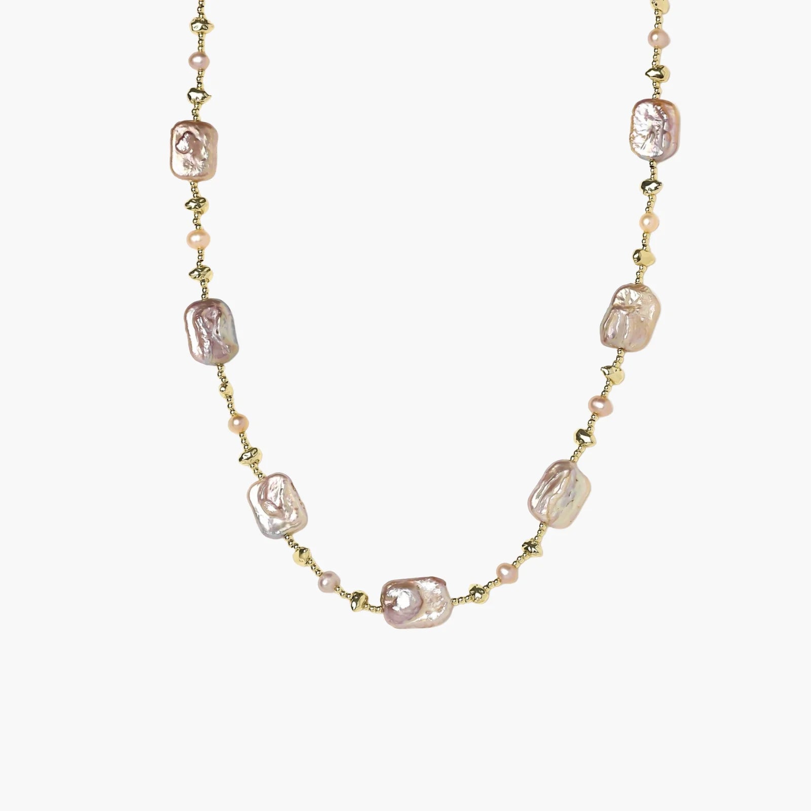 Iridescent baroque pearls alternating with small freshwater pearls on 14K gold-plated chain