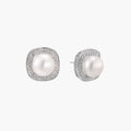 Cushion-shaped sterling silver stud earrings with freshwater pearls surrounded by geometric diamond halos