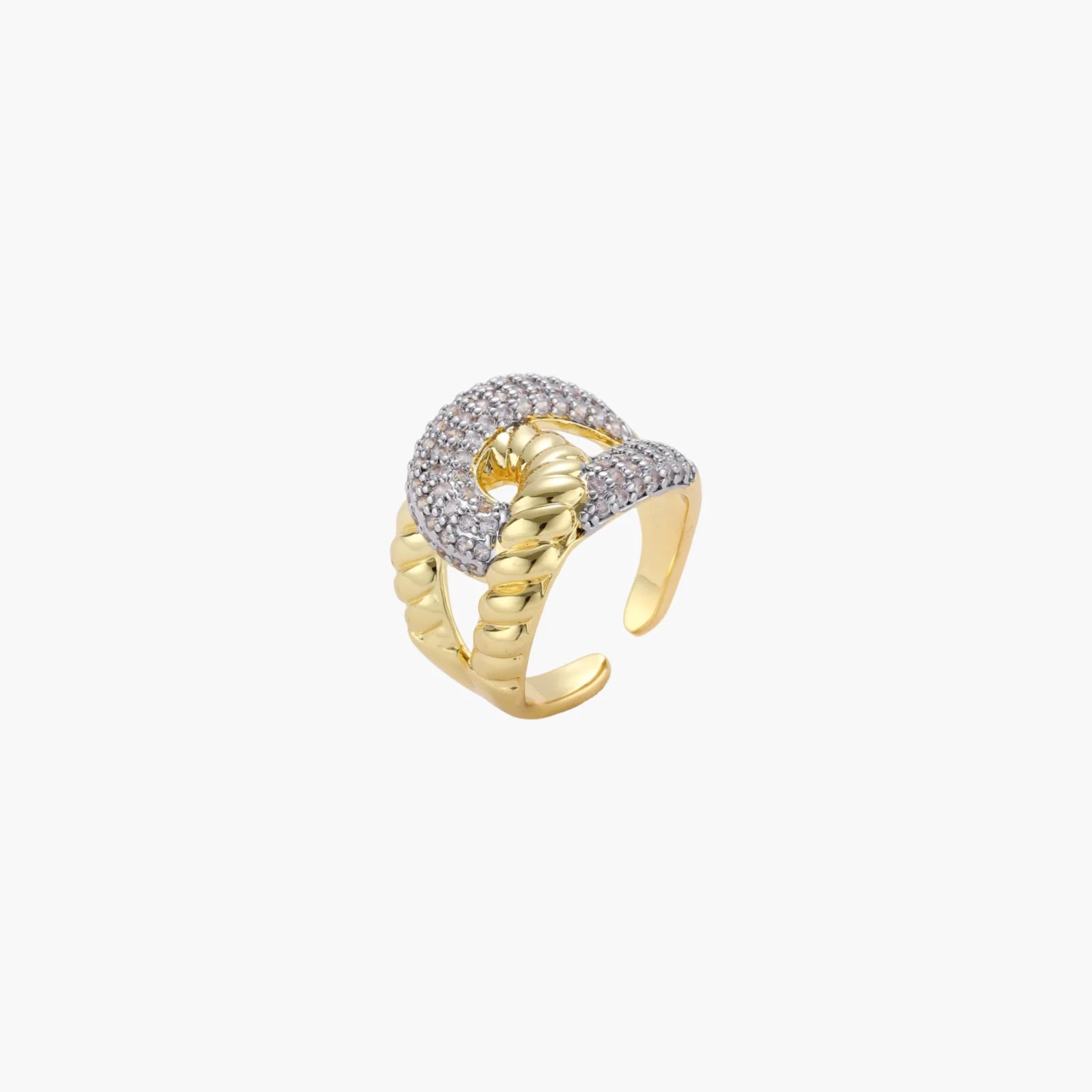 Chunky gold-plated chain-link ring with curved segments and sparkling zirconia crystals on neutral background