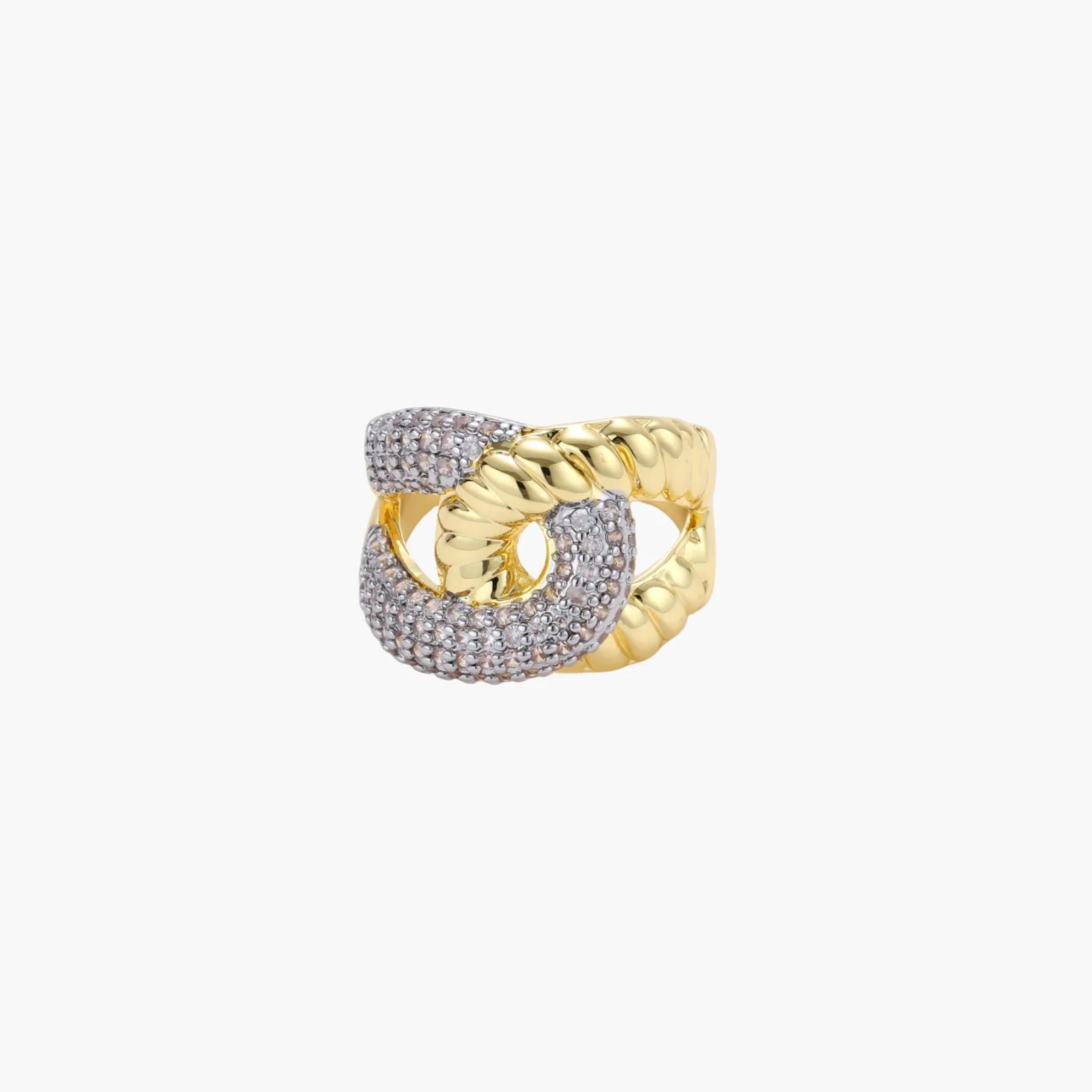 Chunky gold-plated chain-link ring with curved segments and sparkling zirconia crystals on neutral background