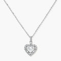 Sterling silver heart pendant necklace with brilliant moissanite center stone and halo setting on delicate chain