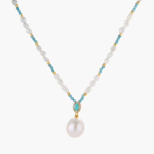 Beaded necklace with baroque pearls, turquoise stones, and gold accents featuring a large pearl pendant on white background.