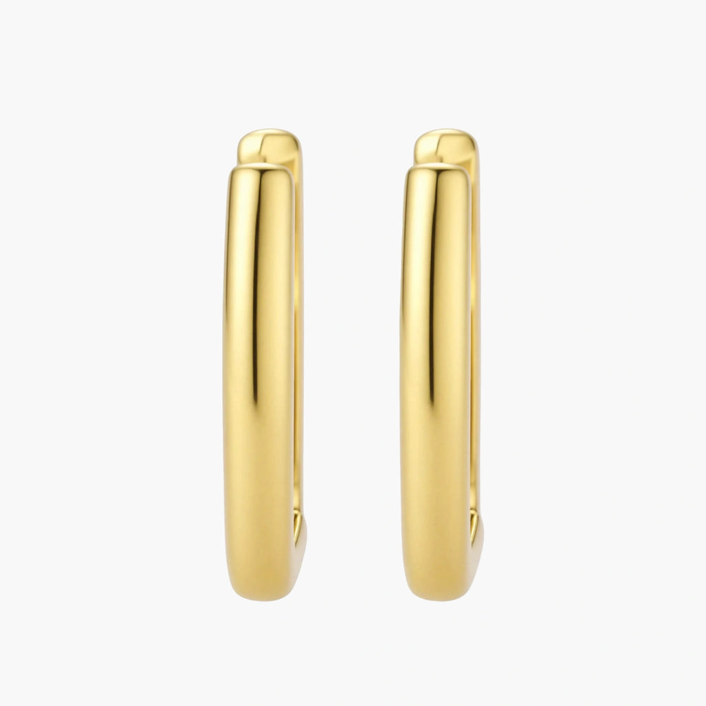 Polished gold-plated sterling silver hoop earrings with hinged closure mechanism on white background.