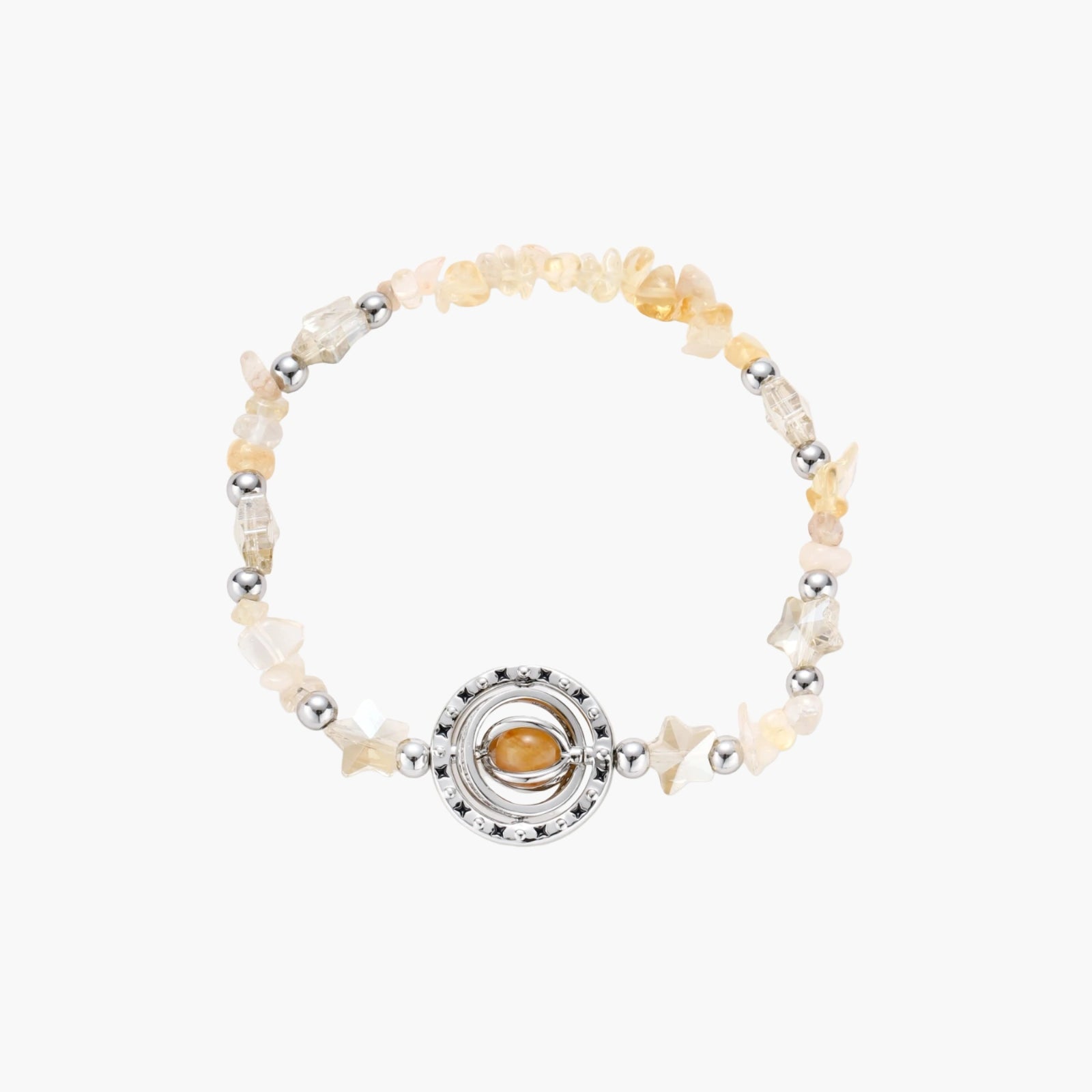Stretchable bracelet with cream citrine stone chips, brass beads, and central amber zirconia pendant on neutral background.