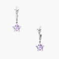 White gold plated huggie earrings with clear CZ accents and dangling lavender star-shaped crystals on cream background