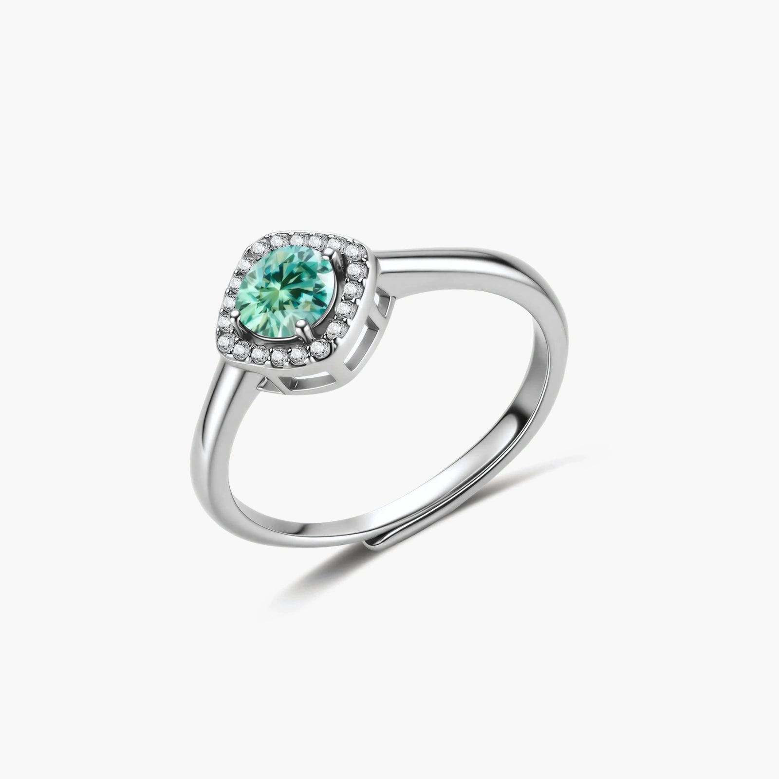 Sterling silver adjustable ring featuring round green moissanite center stone surrounded by clear halo stones