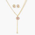 Gold-plated circular medallion necklace set with white enamel base and pink cubic zirconia accent stones