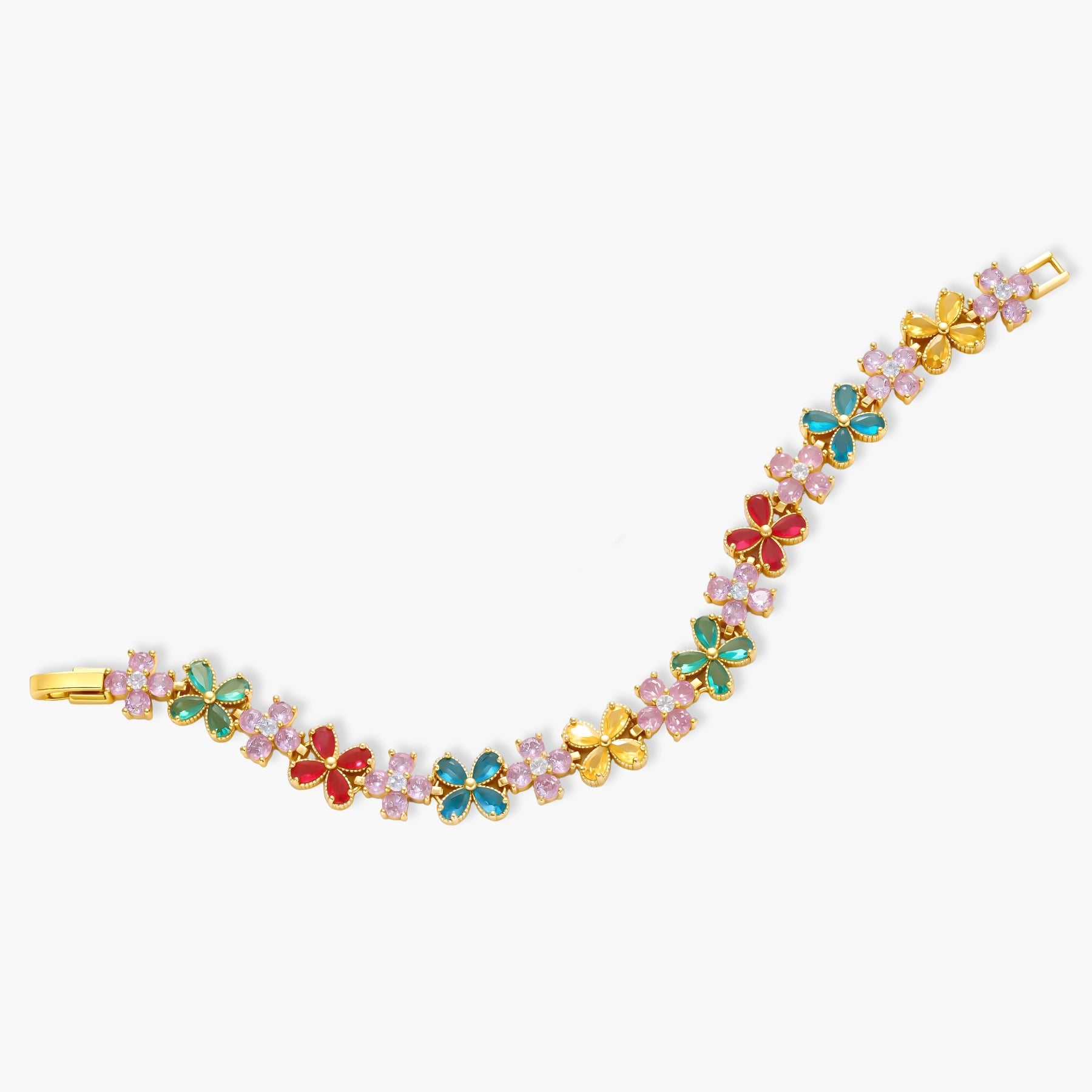 Gold-plated jewelry set with pink, turquoise and red flower-shaped cubic zirconia stones, featuring necklace, earrings and bracelet.