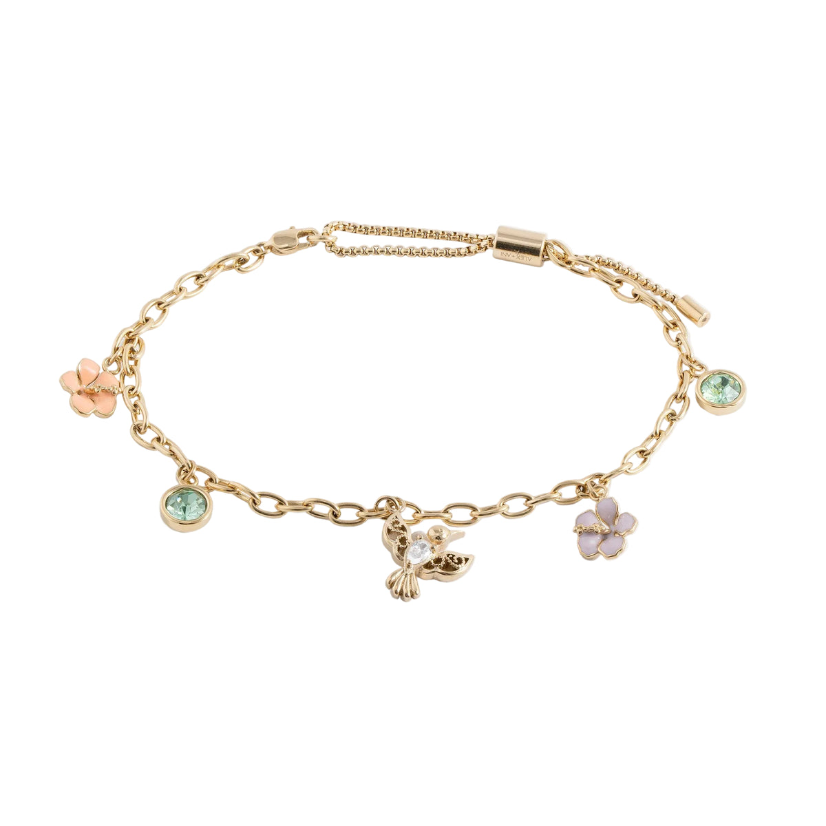 Gold bracelet with charms on a white background